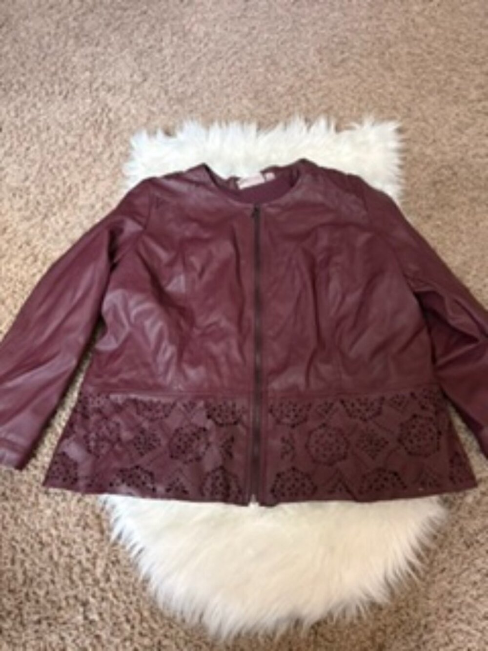 Burgundy Faux Leather Jacket with Laser Cutout Detail